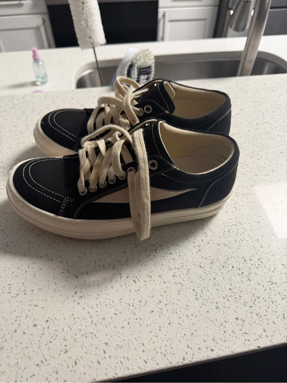 Rick Owens Black Canvas Sneakers with Cream Laces